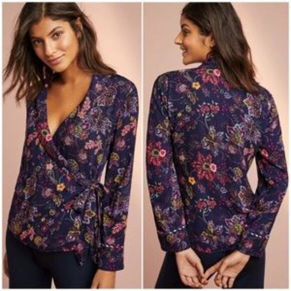 Anthropologie Floreat Parker Sleep Shirt Blue Paisley Wrap Top Size Xs - Picture 1 of 11